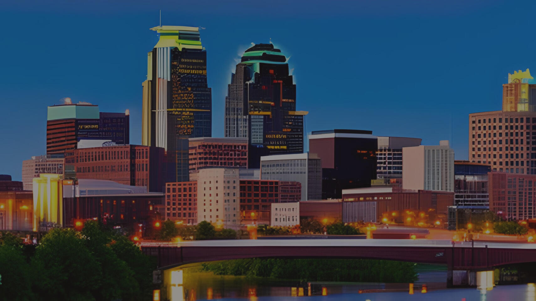 An AI generated image of the Twin Cities glowing with neon light under a navy blue night sky.